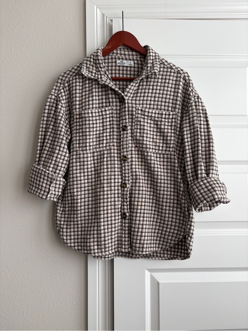 Hollister Plaid Oversized Shacket Shirt Jacket Beige Black Tan S